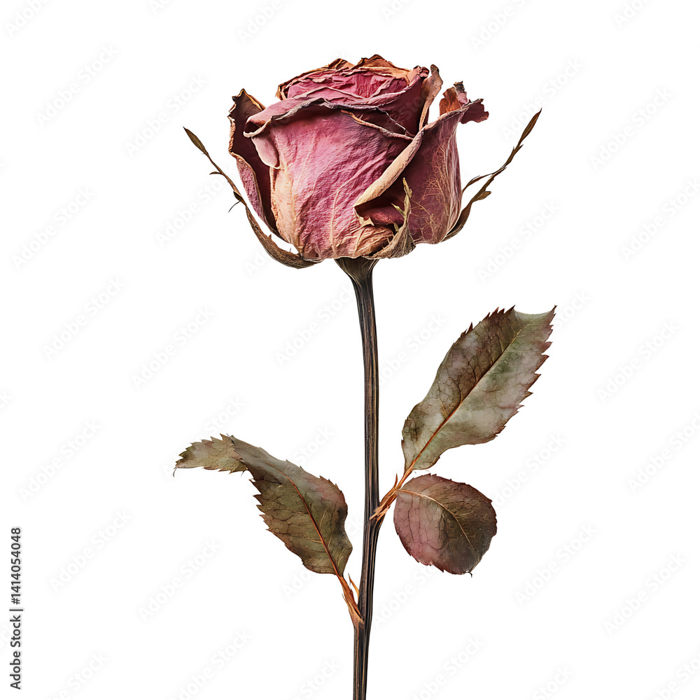 Dried pink rose with curled petals visible stem and brownish leaves showing natural withering and aging process in high detail on a transparent background