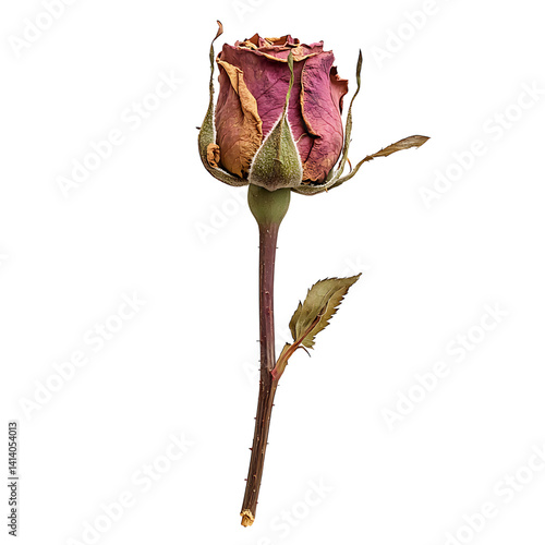 Obraz na płótnie Dried pink rose with curled petals visible stem and brownish leaves showing natural withering and aging process in high detail on a transparent background w salonie