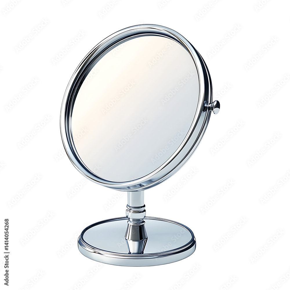 Round magnifying mirror with metallic frame and stand featuring tiltable arm and reflective glass surface in elegant design on a transparent background