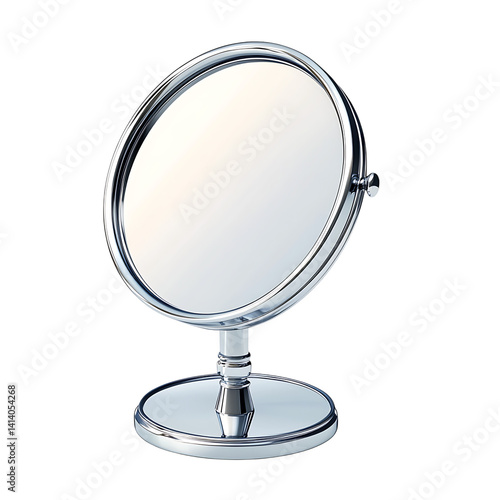 Obraz na płótnie Round magnifying mirror with metallic frame and stand featuring tiltable arm and reflective glass surface in elegant design on a transparent background w salonie