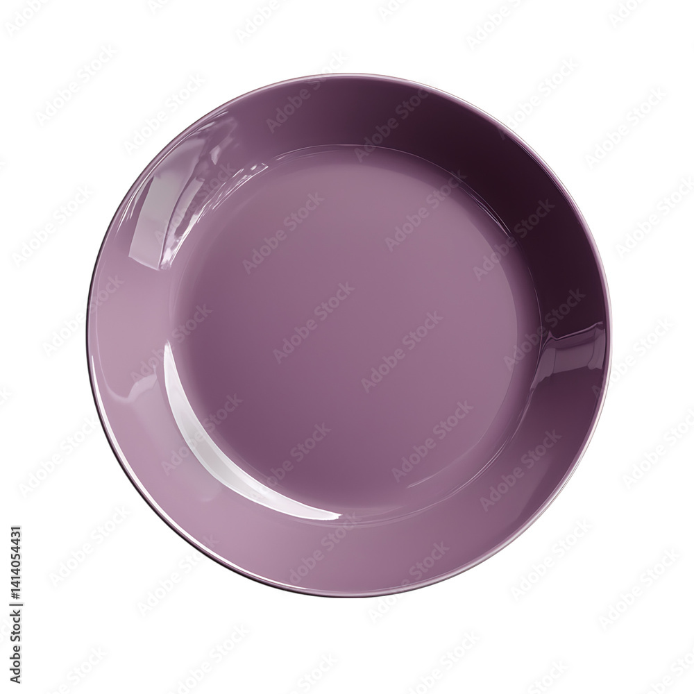 Glossy mauve ceramic plate with smooth round shape and clean surface seen from above with uniform pinkish color on a transparent background