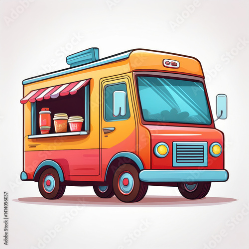 vibrant cartoon illustration of food truck showcases its colorful design and inviting window displaying delicious treats. This cheerful image captures essence of street food culture