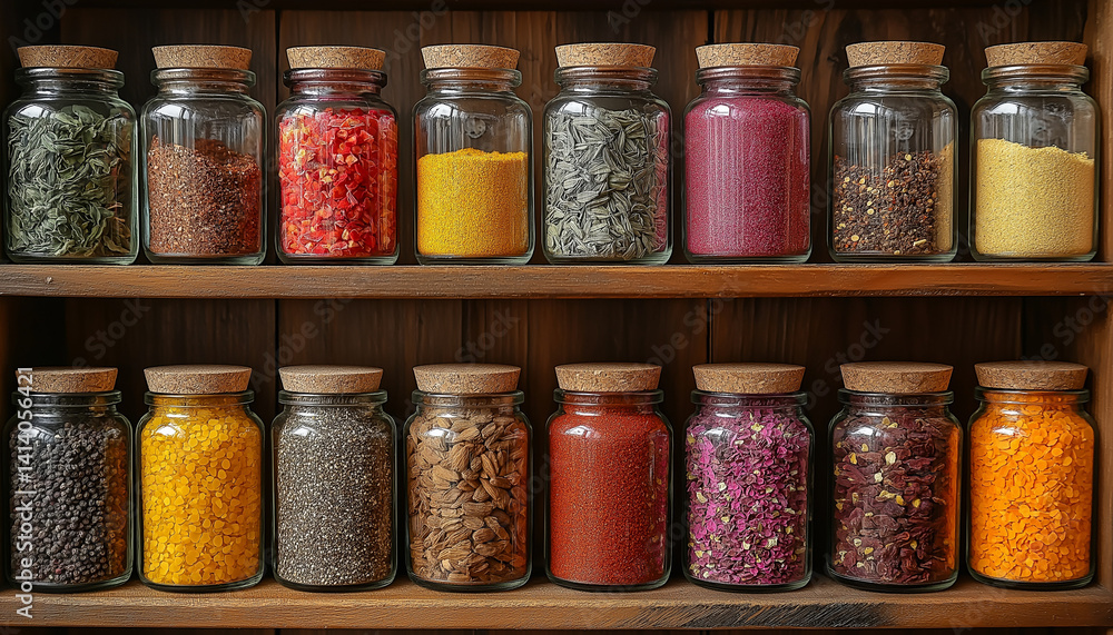 Aromatic Spice and Herb Collection in Glass Jars on Wooden Shelf Aromatic Spice and Herb Collection in Glass Jars on Wooden Shelf