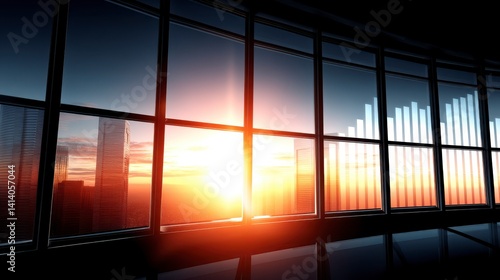 Panoramic View of City Skyline at Sunset with Vibrant Sky Illuminating Through Large Glass Windows