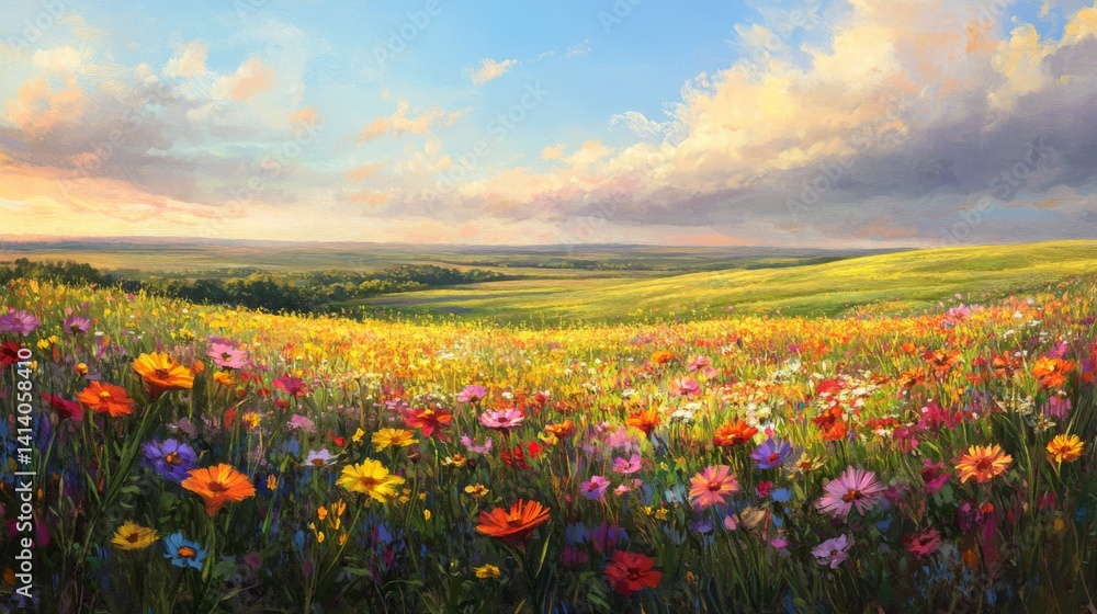 Obraz premium Prairie wildflowers colorful grassland meadow landscape with pollinators
