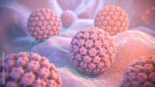 Close-up of Human Papillomavirus (HPV) affecting skin cells, highlighting the virus and the early stages of infection.

