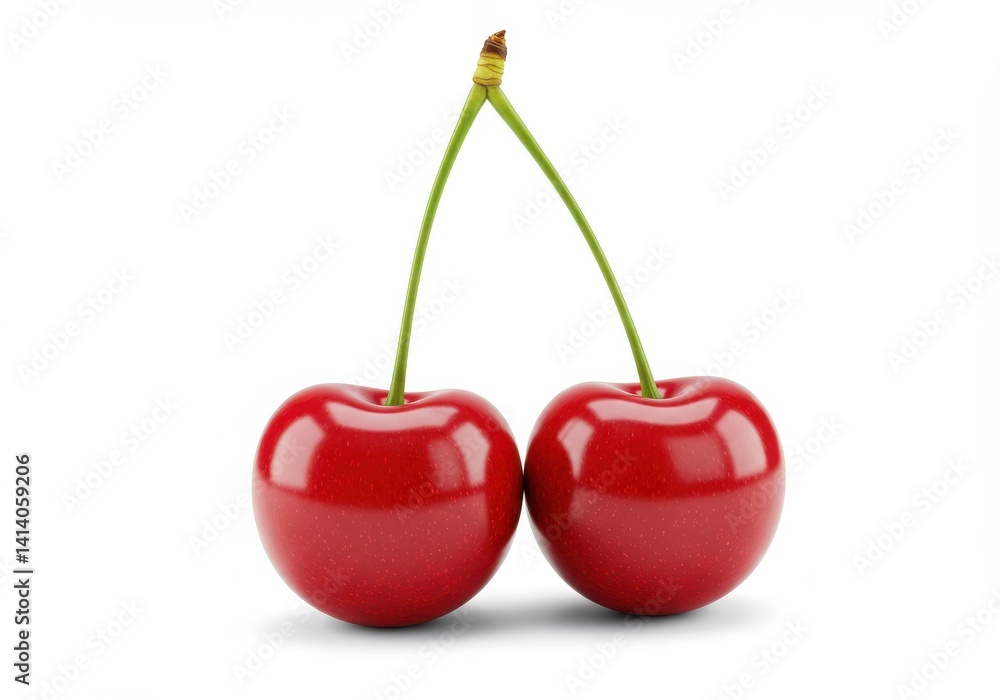Two ripe cherries with stem isolated on white background Two ripe cherries with stem isolated on white background