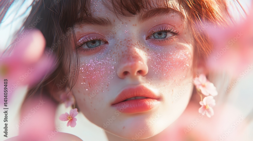 Close-up of a girl with glitter freckles, tiny flower earrings, and a dreamy pastel aesthetic. Close-up of a girl with glitter freckles, tiny flower earrings, and a dreamy pastel aesthetic.