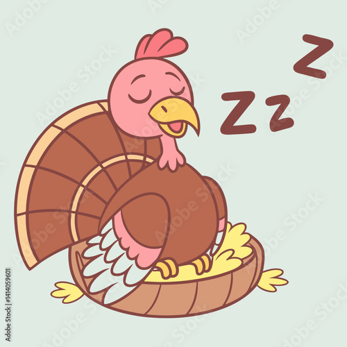Cute Sleeping Turkey in Basket - Thanksgiving Cartoon Illustration.