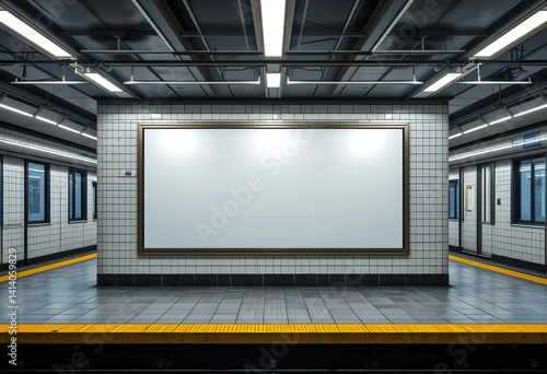 Subway Platform with Blank Billboard and White Tiled Walls  Urban Transit Scene  Moke up with wide background  32k Resolution 