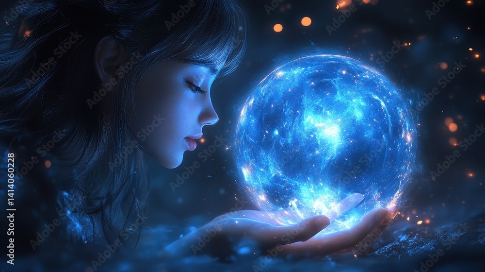 Naklejka premium Enchanting maiden cradles a luminous celestial sphere.