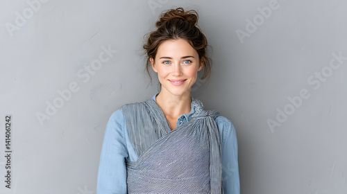 A young mother with a baby in a sling, the woman is happy and smiling, enjoying the moment of bonding with her child.
