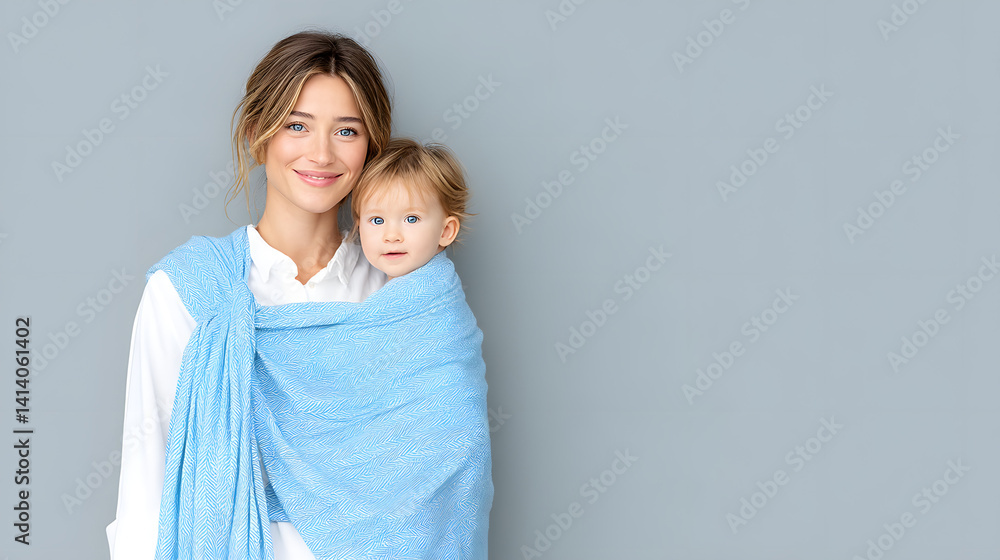 A young mother with a baby in a sling, the woman is happy and smiling, enjoying the moment of bonding with her child.
