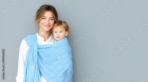 Obraz na płótnie A young mother with a baby in a sling, the woman is happy and smiling, enjoying the moment of bonding with her child.
w salonie