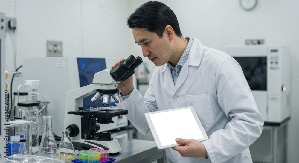 A scientist examines a microscope, holding a tablet with a blank screen in a modern laboratory setting. Ideal for scientific marketing and education. A scientist examines a microscope, holding a tablet with a blank screen in a modern laboratory setting. Ideal for scientific marketing and education.