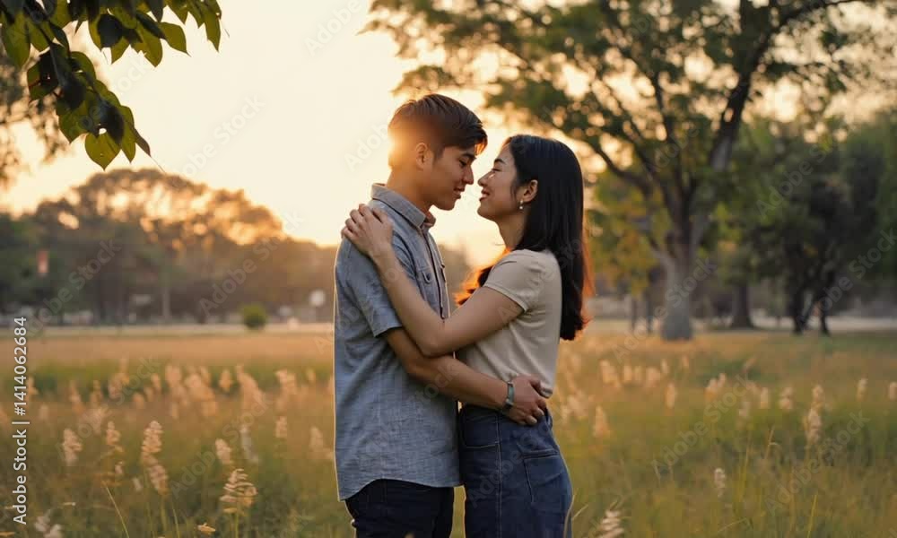 Affectionate couple embracing in a park at sunset. Affectionate couple embracing in a park at sunset.