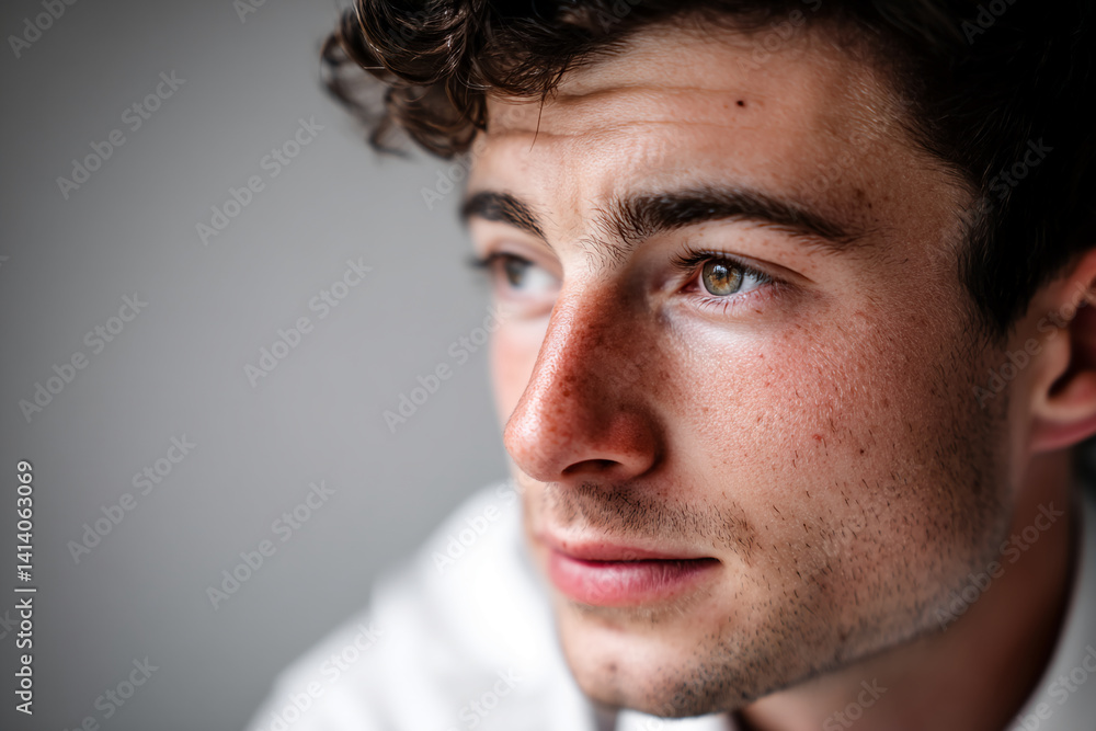 Obraz premium Close-up of young man's face, showcasing light skin, brown curly hair, and green eyes, conveying a pensive mood and youthful energy