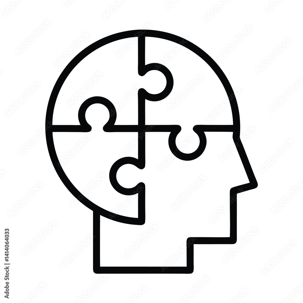 Head Silhouette with Jigsaw Puzzle, Abstract Brain Icon Concept on Transparent Background Head Silhouette with Jigsaw Puzzle, Abstract Brain Icon Concept on Transparent Background