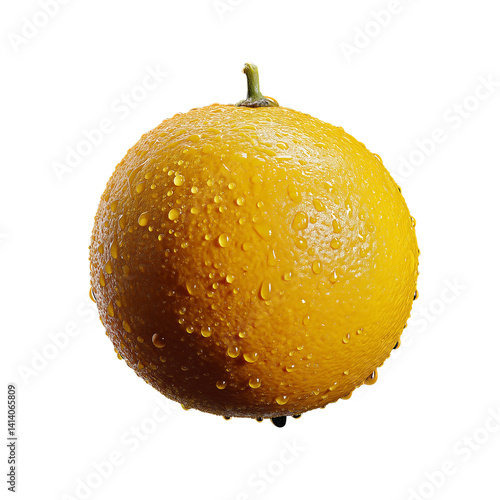 Juicy Yuzu orange fruit with water droplets isolated transparent background for refreshing drink or healthy food concept