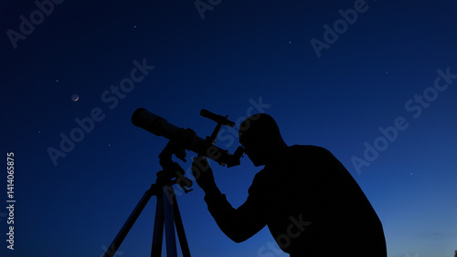 Obraz na płótnie Amateur astronomer looking at the evening skies, observing planets, stars, Moon and other celestial objects with a telescope. w salonie