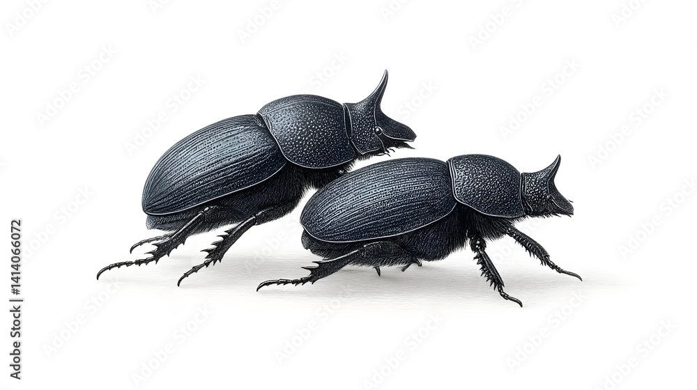 A real Spanish dung beetle, featuring one male and one female, both black and closely paired, isolated on a neutral background.