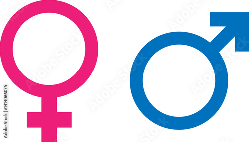Male and female symbols, signs, and icons. Pink and blue male and female icons, transparent background