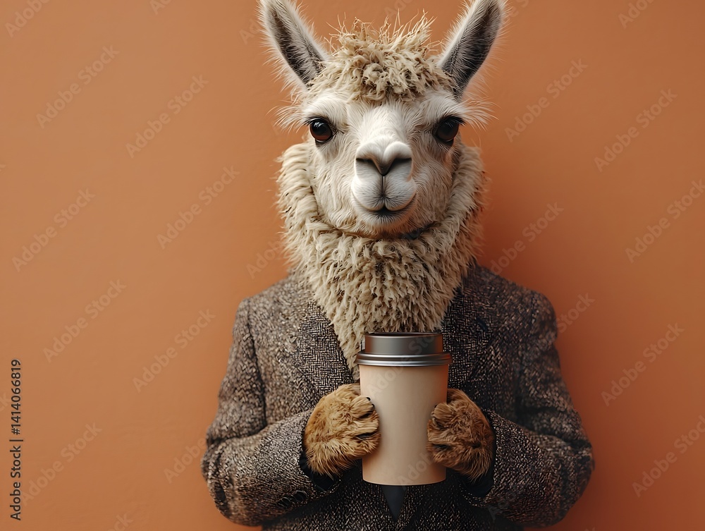 Fototapeta premium A confident llama in a sharp suit sipping coffee from a thermos