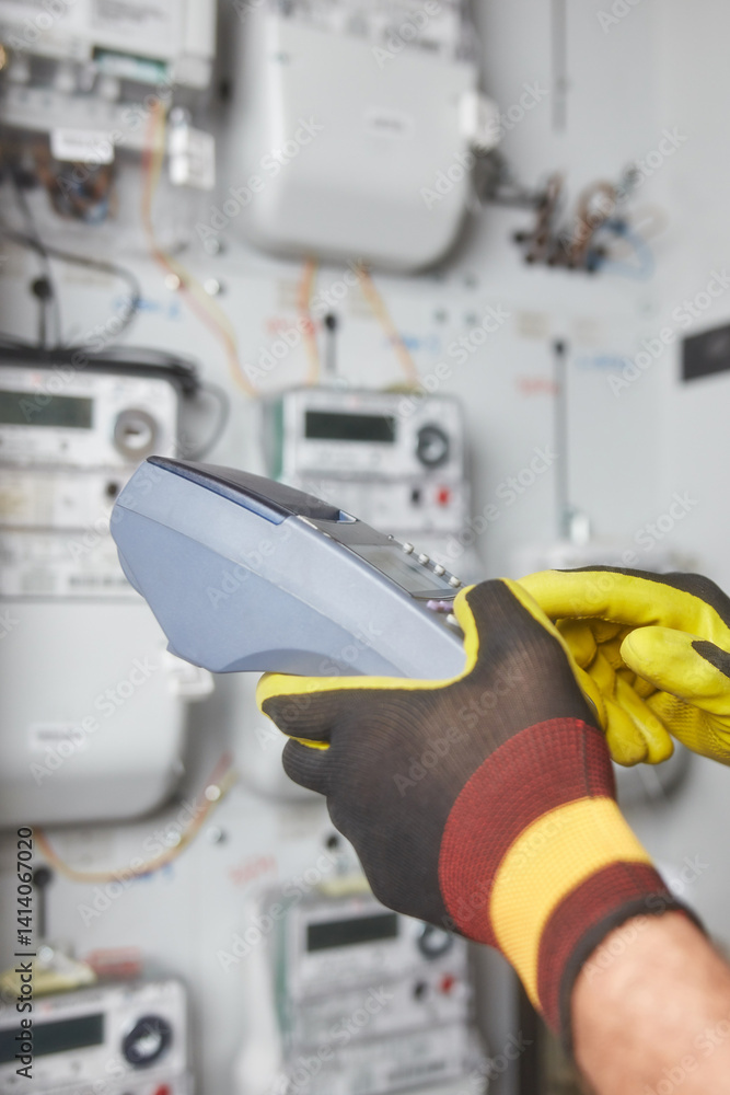 Technician reading consumption and charging on a wireless electricity power meter station in a building.