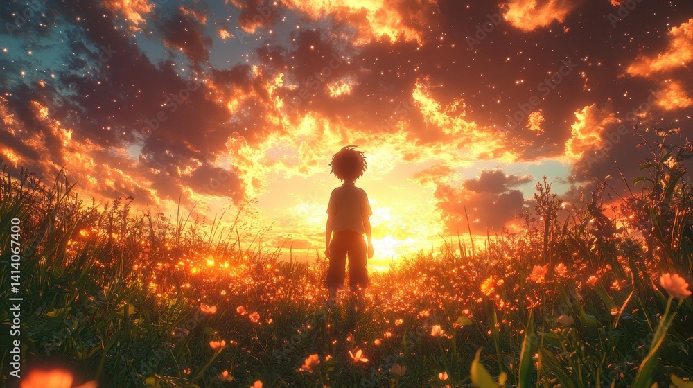 Fototapeta premium A boy stands amidst a vibrant sunset field of flowers.