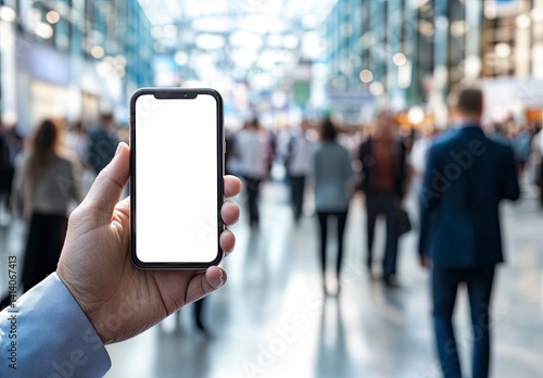 Holding Smartphone with Blank Screen in Crowded Indoor Space