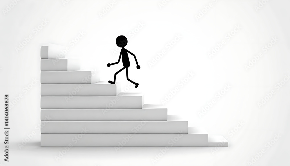 Ascending Steps: Simple Figure Climbing White Staircase on a Light Background. Ascending Steps: Simple Figure Climbing White Staircase on a Light Background.