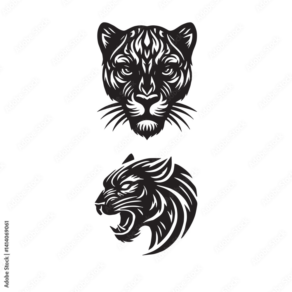 Fototapeta premium Panther Face Vector Silhouette SetBlack and White Panther Head IconsMinimal Panther Face Illustration