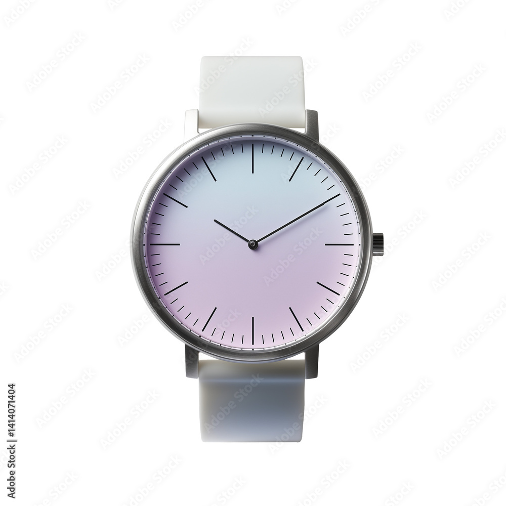Elegant timepiece showcasing a minimalist design with a pastel gradient face, smooth metal bezel, and soft white band. Isolated, transparent background, png. Elegant timepiece showcasing a minimalist design with a pastel gradient face, smooth metal bezel, and soft white band. Isolated, transparent background, png.