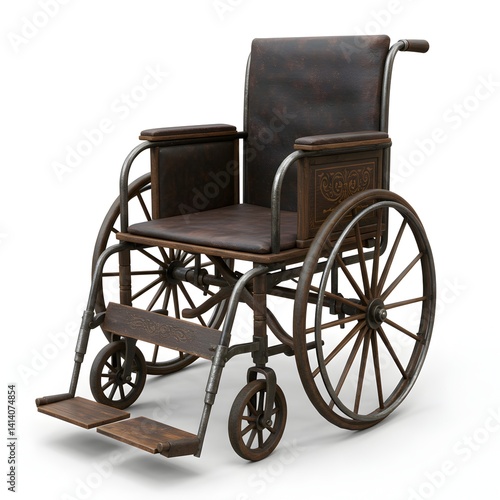 Antique wheelchair with brown leather seat and ornate metal frame isolated
