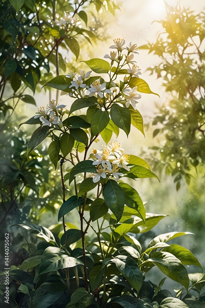 Obraz premium A jasmine plant in a garden with sunlight filtering through leaves