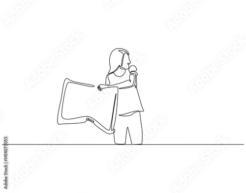 Continuous line drawing of woman holding pillow. Single line illustration of woman playing pillow fight. International pillow fight day concept. Editable outline