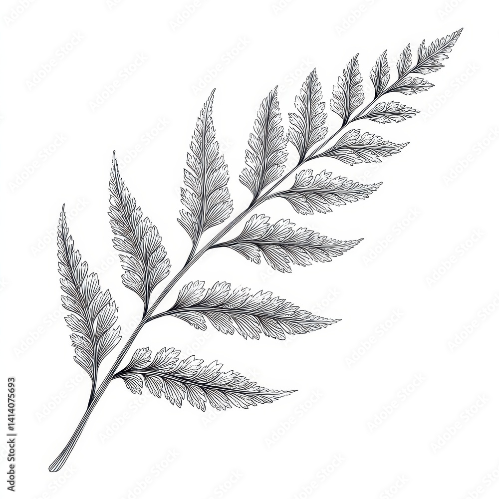 Fototapeta premium Detailed botanical illustration of a fern frond in black and white. Elegant and natural design element.