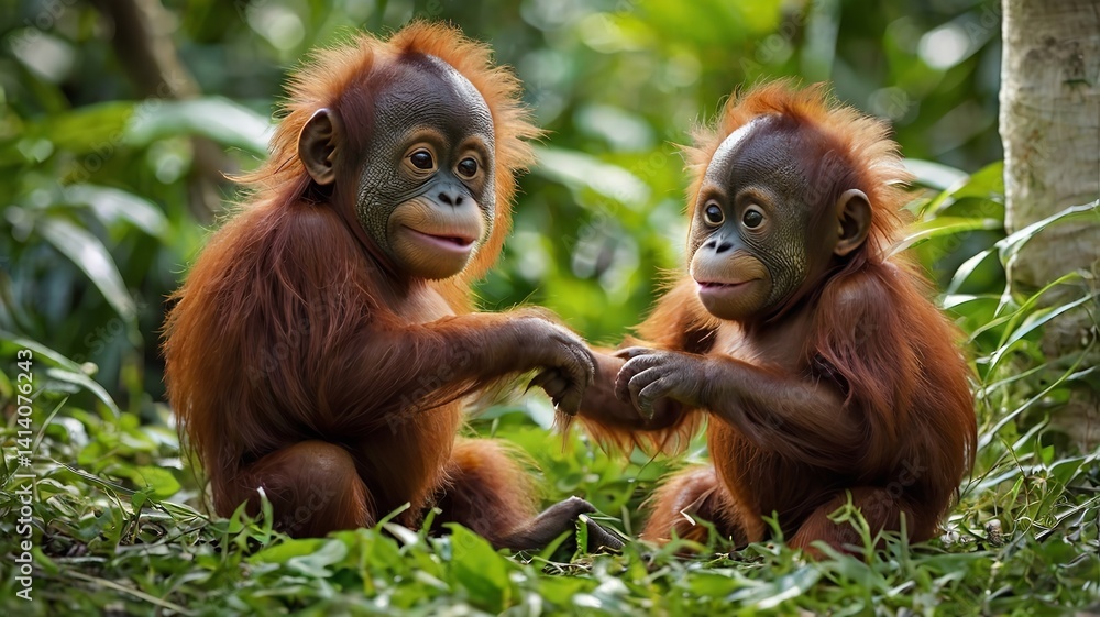 Naklejka premium Two Young Baby Orangutan Playing Around with eachother, Baby Animal.