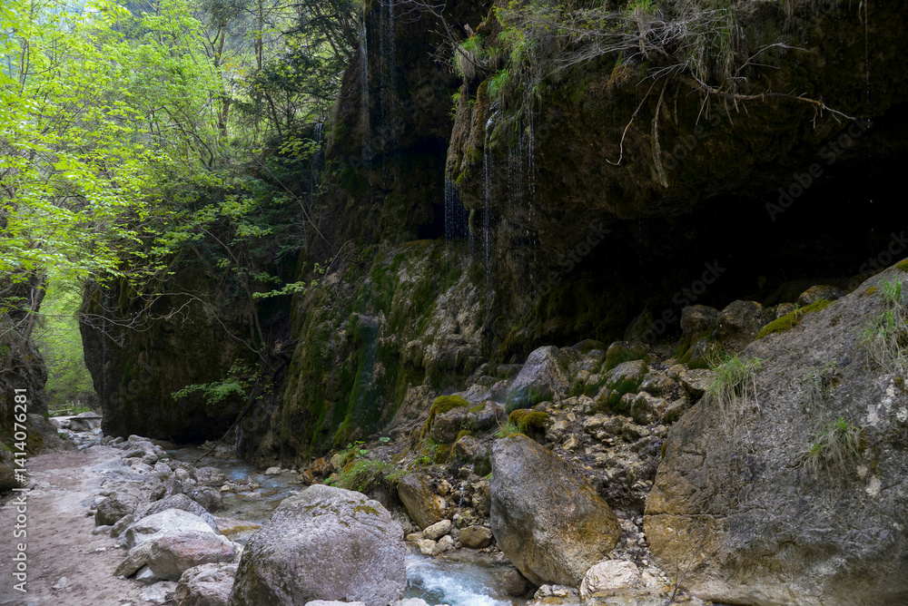 Natural waterfalls in the WWF Oasis Valle della Caccia, located in Senerchia, Avellino, Italy. Surrounded by lush forest and rocky cliffs, this hidden gem in southern Italy Natural waterfalls in the WWF Oasis Valle della Caccia, located in Senerchia, Avellino, Italy. Surrounded by lush forest and rocky cliffs, this hidden gem in southern Italy