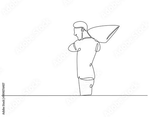 Continuous line drawing of man holding pillow. Single line illustration of man play pillow fight. International pillow fight day concept. Editable outline