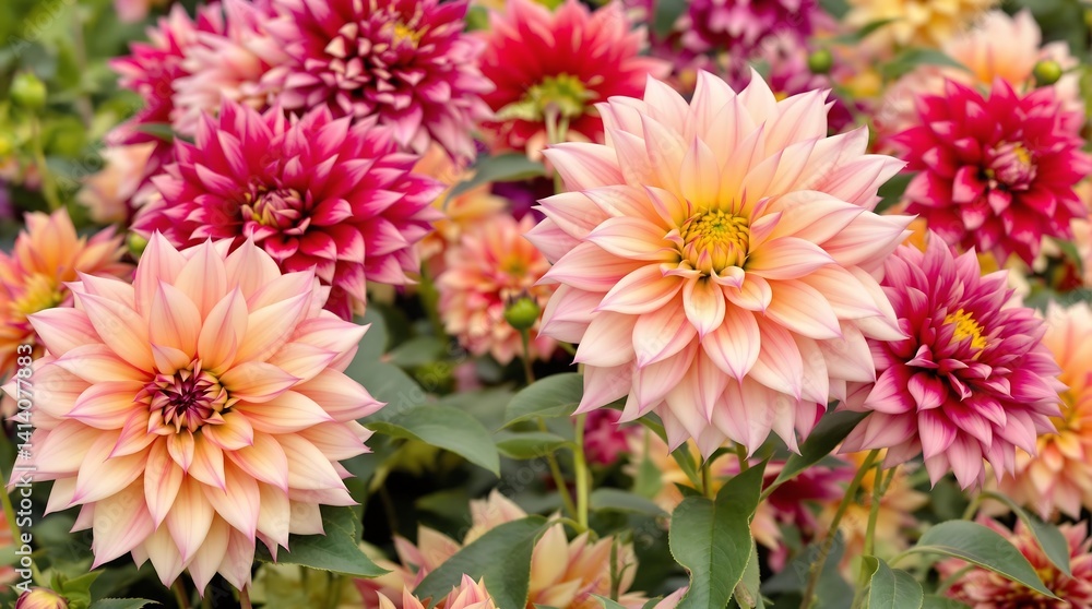 Elegant Assortment of Vibrant Dahlias in Blooming Flower Garden Elegant Assortment of Vibrant Dahlias in Blooming Flower Garden