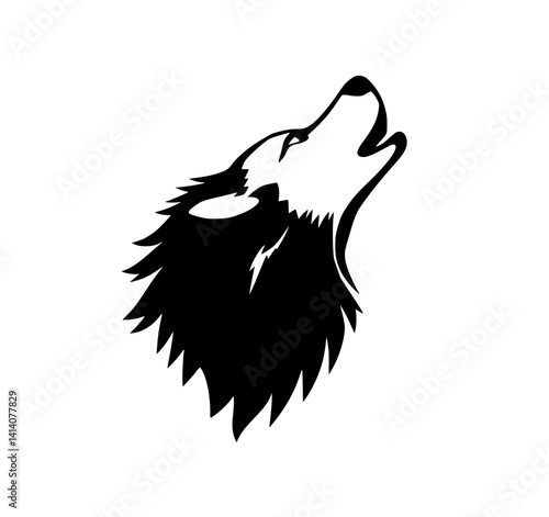 Wolf's Howl: A bold monochrome illustration depicts a wolf's head powerfully silhouetted against a white background, its mouth open in a mighty howl.