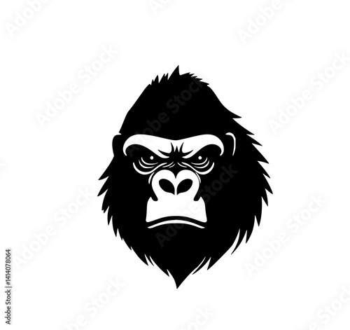 Gorilla Portrait: A fierce, monochrome illustration depicts a gorilla's head, showcasing intense eyes and powerful features in stark black and white.