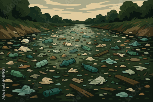Polluted River Full of Plastic Bottles and Floating Trash Waste