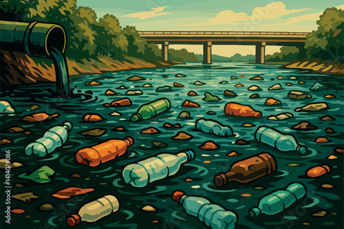 Polluted River Full of Plastic Bottles and Floating Trash Waste
