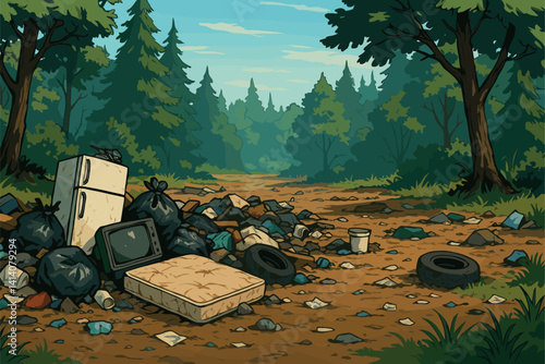 Illegal Waste Dump Covers Clearing in Forest With Scattered Trash