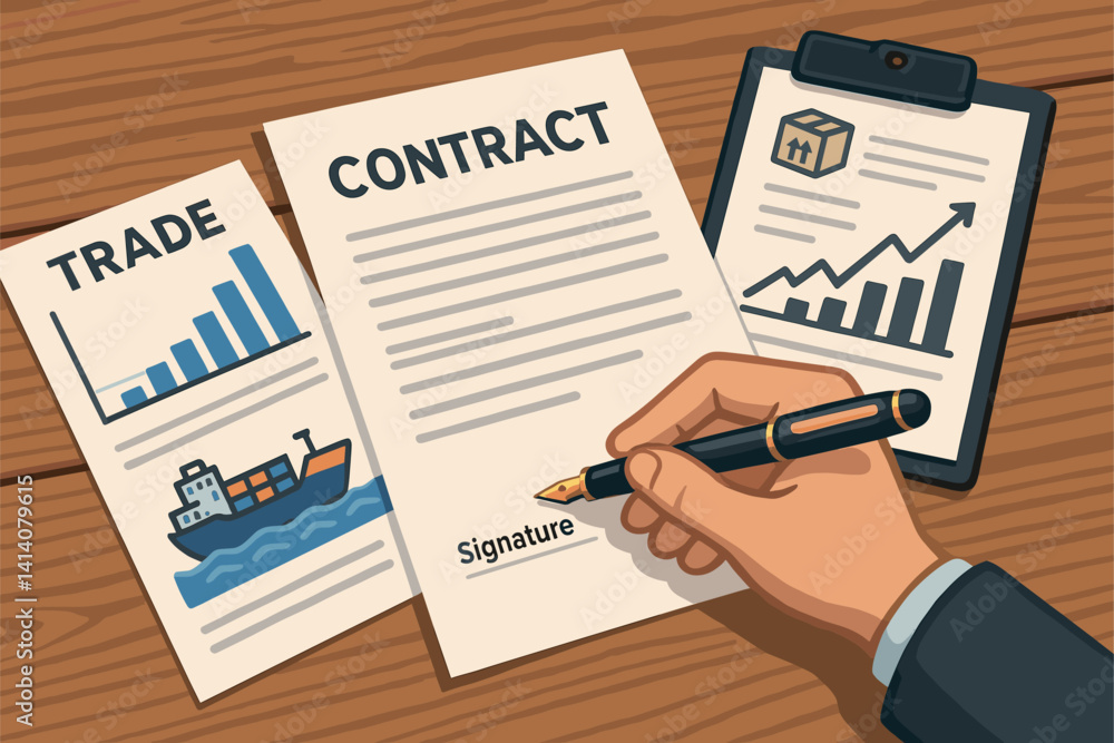 Trade Contract Being Signed With Legal Documents and Pen on Table Trade Contract Being Signed With Legal Documents and Pen on Table
