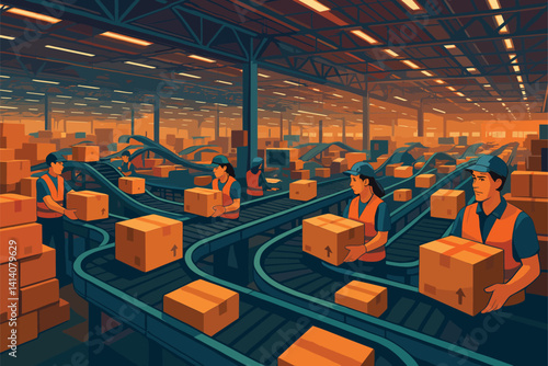 E-Commerce Fulfillment Center With Conveyor Belts Moving Packages