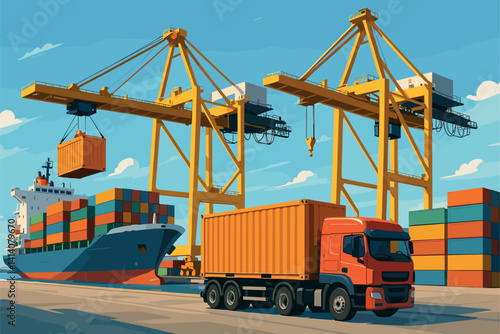 Cranes Transfer Cargo From Docked Ship to Waiting Trucks at Port