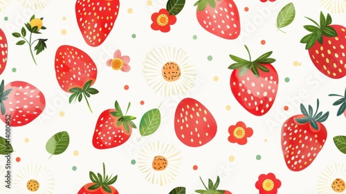 Seamless pattern with cute strawberry and flower illustrations, ideal for baby room and nursery wall decor in a soft, playful look.

